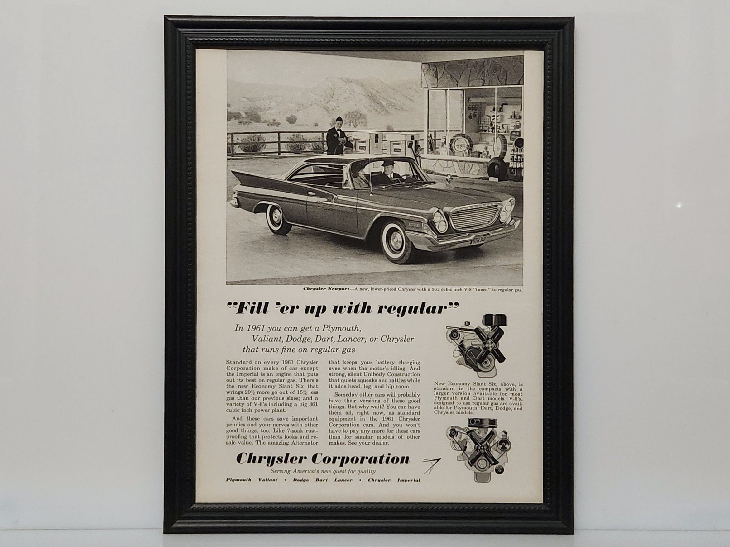 Framed 60's Vintage Car Ad 1961 Chrysler Newport V8 Hardtop Coupe B&W Advertisement Automotive Classic Wall Art Photo Poster