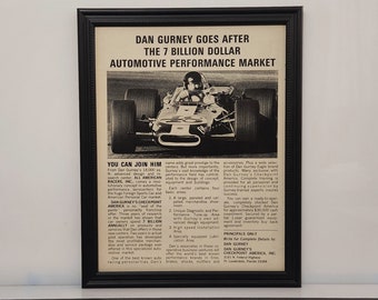 Framed Vintage Car Ad 1970 Dan Gurney All American Racers Advertisement Retro B&W Automotive Classic Wall Art Photo Poster