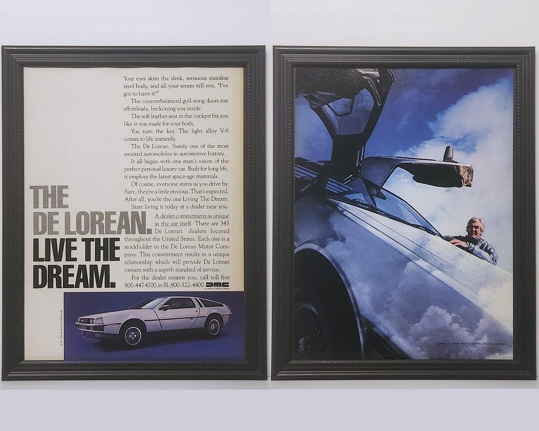 Framed Vintage 80's Car Ad DMC Delorean 1981 1982 1983 Classic