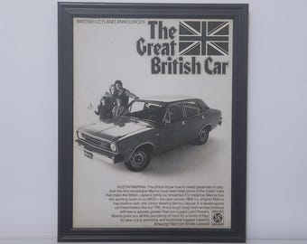 Framed Vintage 70's Car Ad Austin Marina Sedan 1973 1974 1975 Classic Advertisement Wall Art Photo Poster