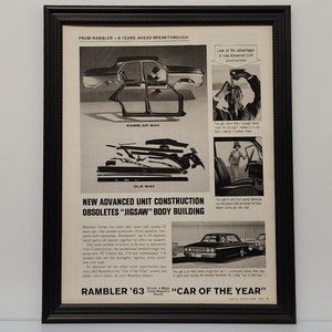 Ingelijste vintage auto uit de jaren 60 advertentie 1963 AMC Rambler zwart-wit advertentie automotive klassieke muurkunst fotoposter