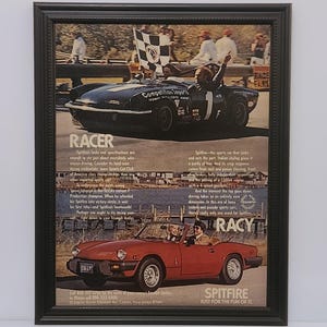 Framed Vintage 80&#39;s Car Ad Triumph Spitfire Roadster and SCCA 1980 Race Car Classic Automotive Advertisement Retro Wall Art Photo Poster