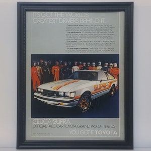Anuncio de coche vintage de los años 70 enmarcado, Toyota Supra 1979, carrera de autos de seguridad, Gran Premio, publicidad automotriz clásica, póster de arte de pared retro