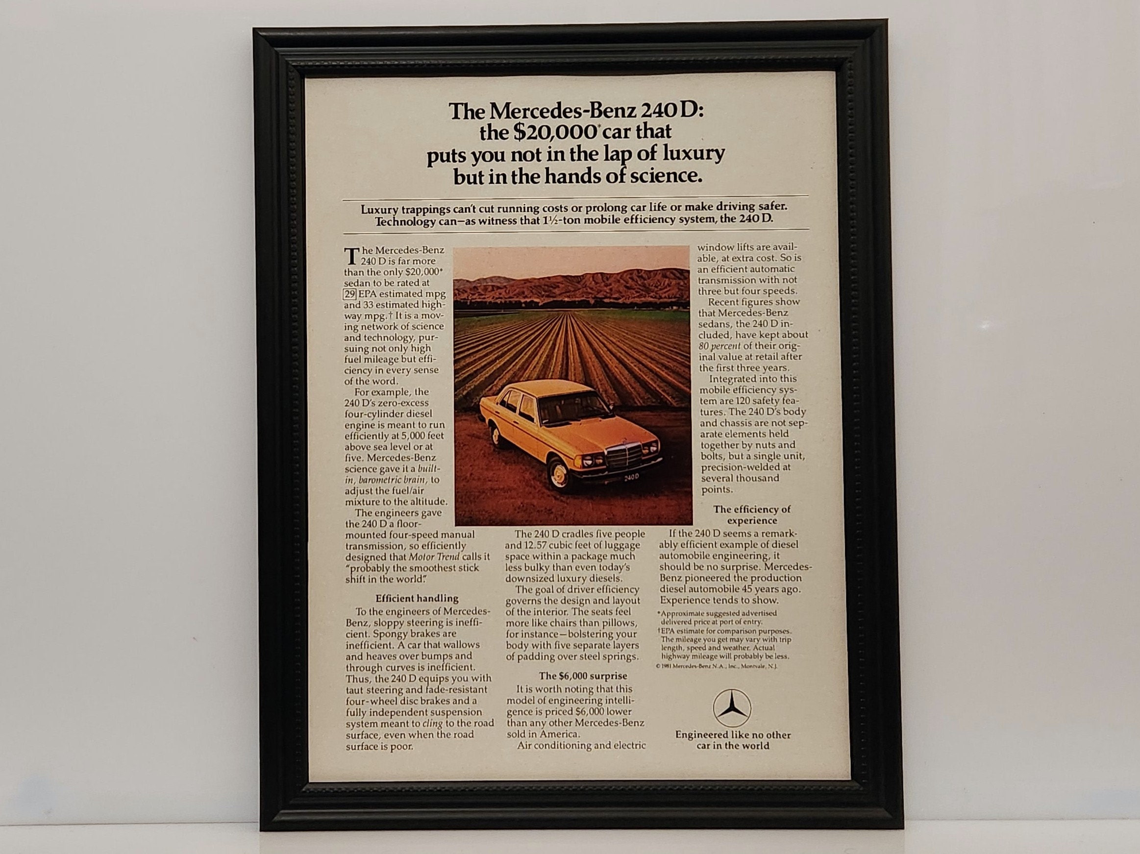 Framed Vintage 80's Car Ad Mercedes Benz 240D Sedan W123 Classic