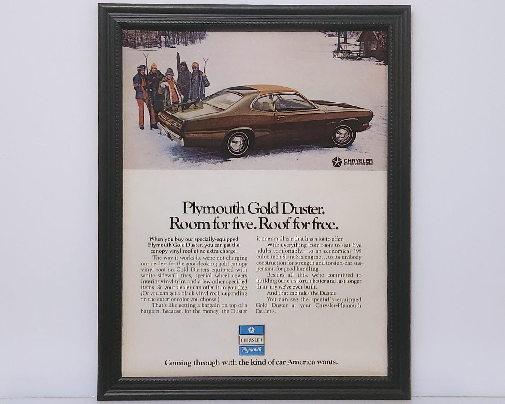 Framed Vintage 70's Car Ad 1972 Plymouth Gold Duster Classic