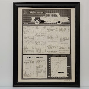 Framed 60&#39;s Vintage Car Ad 1966 Mercedes Benz 250S Sedan Road Test Magazine Results Specs B&W Automotive Classic Wall Art Photo Poster