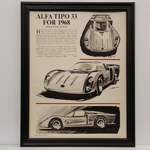 May include: Black and white line drawings of the Alfa Romeo Tipo 33 race car. The drawings show the car from different angles, including a front view, a side view, and a rear view. The text "Alfa Tipo 33 for 1968" is at the top of the image. The text "Werner Buhrer Drawings" is below the title.