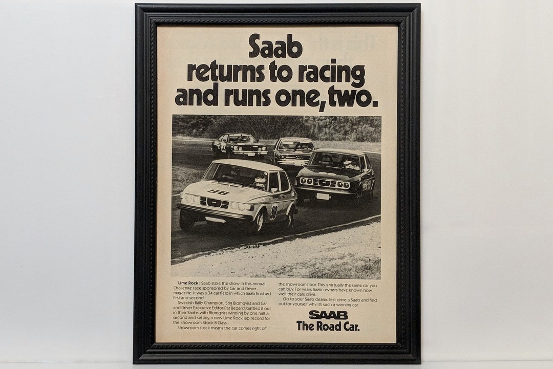 Framed Vintage 70's Car Ad Saab 99 Race Car SCCA Racing Classic B&W ...