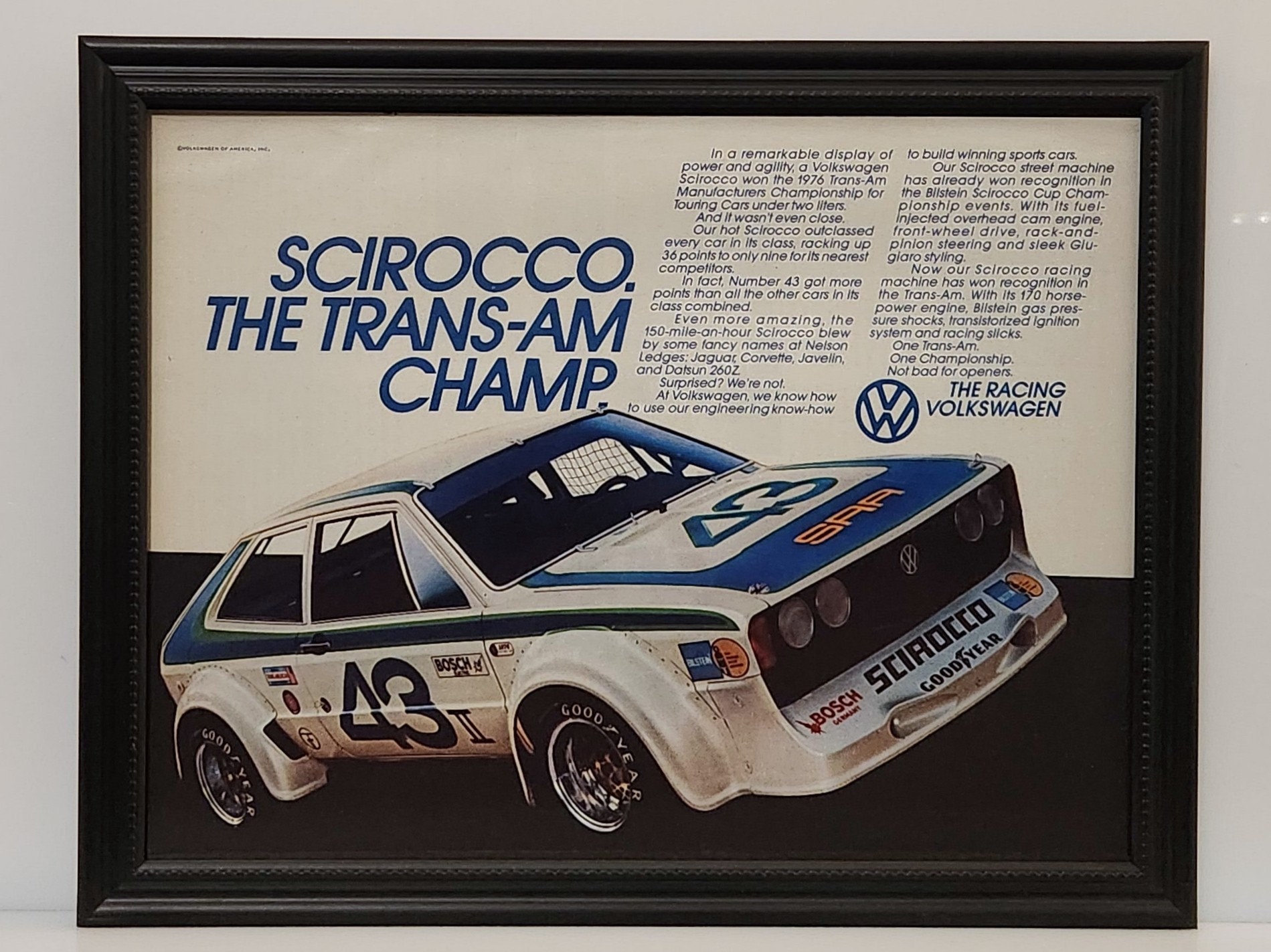 Framed Vintage 70's Car Ad Volkswagen Scirocco Trans Am Race Car