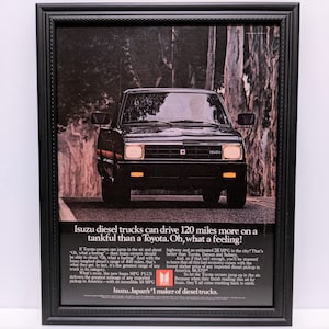 Framed Retro 80&#39;s Car Ad Isuzu Diesel Pickup Truck 1982 Automobilia Vintage Automotive Wall Art Photo Poster