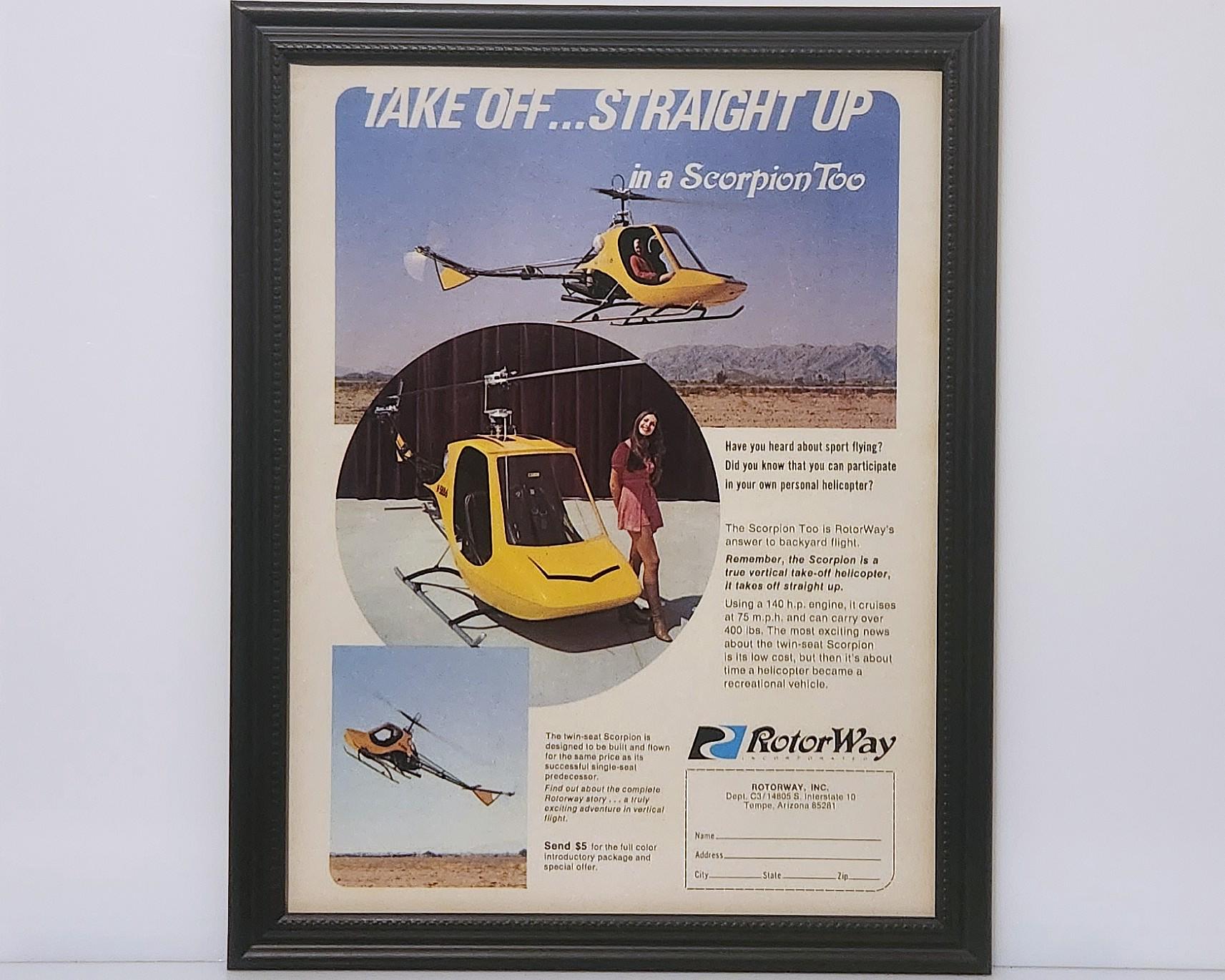 額装済/Ornitoptero/フェルナンド ゾベル/ポスター Framed Vintage 70's Helicopter Ad Rotorway Scorpion II Personal