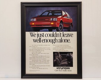 Framed 80's Car Ad 1988 Hyundai Excell GS Vintage Advertisement Retro Automotive Classic Wall Art Poster Photo