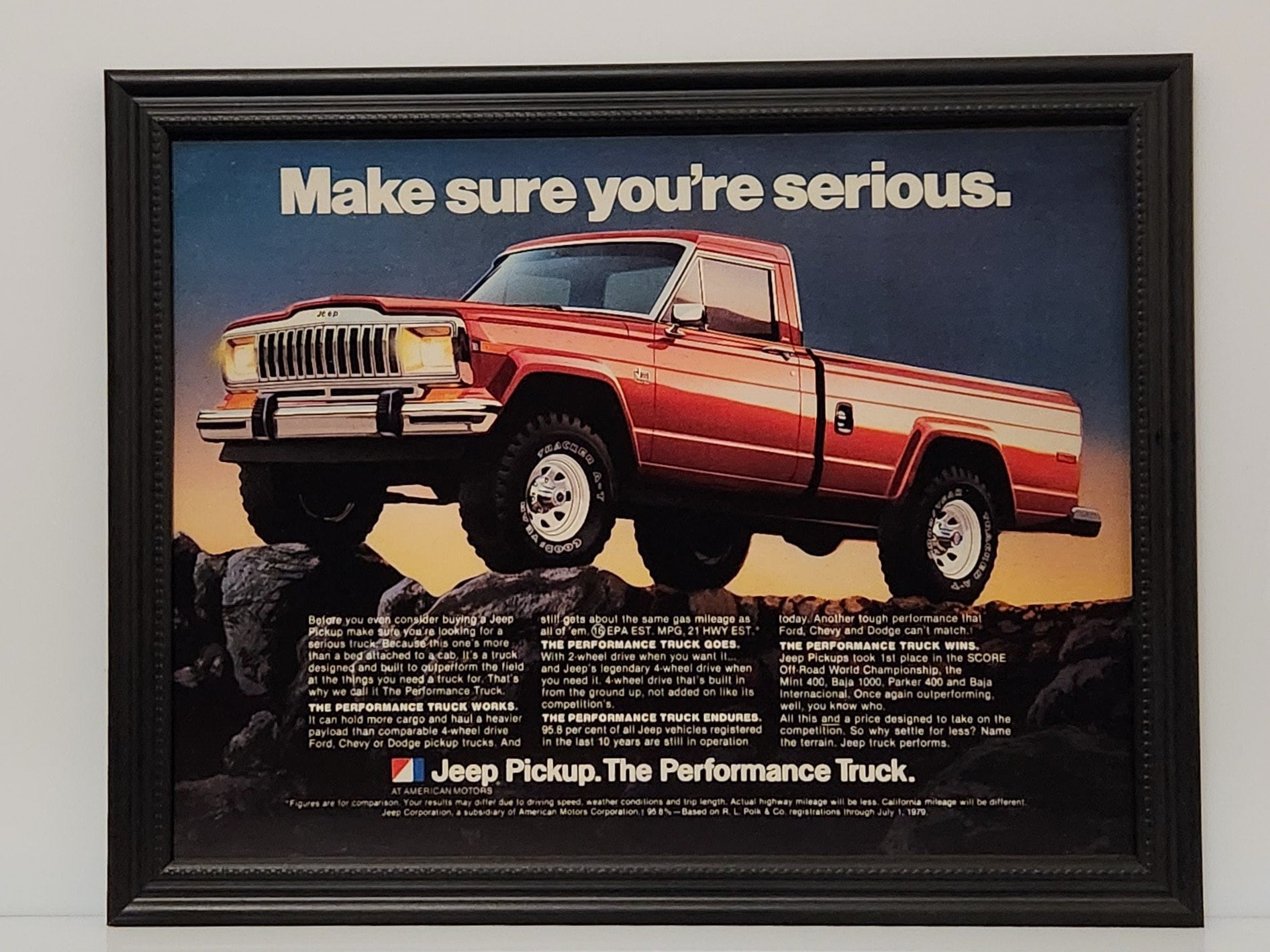 Framed Vintage 80's Car Ad AMC Jeep J-10 Comanche Pickup Truck 4x4