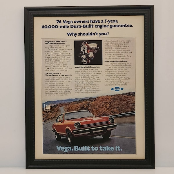 Framed Vintage 70's Car Ad Chevrolet Vega 1976 Classic Advertisement Automotive Wall Art Photo Poster