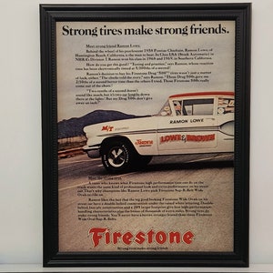 Framed Vintage 1970 Firestone Ad NHRA 1958 Pontiac Chieftain Drag Racing Dragster Car Tire Advertisement Retro Classic Wall Art Photo Poster