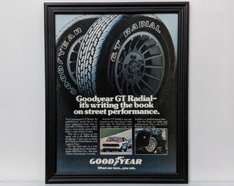 Framed 70's Goodyear Ad Radial GT Dasun Vintage Race Car 1978 Trans Am Advertisement Retro Classic Wall Art Photo Poster