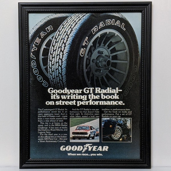 Framed 70's Goodyear Ad Radial GT Dasun Vintage Race Car 1978 Trans Am Advertisement Retro Classic Wall Art Photo Poster