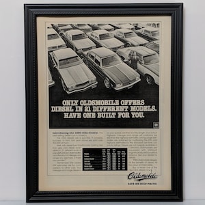 Framed 80&#39;s Car Ad 1980 Oldsmobile Diesel Lineup Cutlass Delta Toronado Ninety-Eight Advertisement Vintage Classic B&W Wall Art Photo Poster