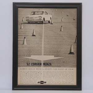 Framed 60&#39;s Vintage Car Ad 1962 Chevrolet Corvair Monza Classic B&W Automotive Advertisement  Retro Wall Art Photo Poster
