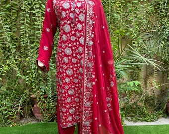 Pakistani Deep Red 3pcs Chiffon Dress With Thread Embroidery ,L - Etsy