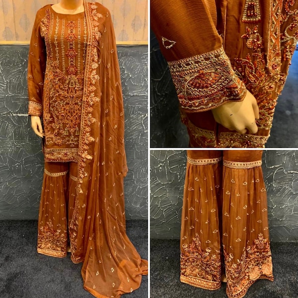 Pakistani Rust Brown Chiffon Straight Style Embroidered Sequins Gharara Dress,Medium