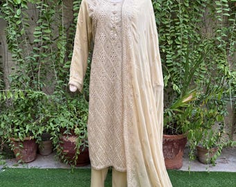 Pakistani Light Beige 3 Pcs Fancy Chiffon Dress with thread embroidery