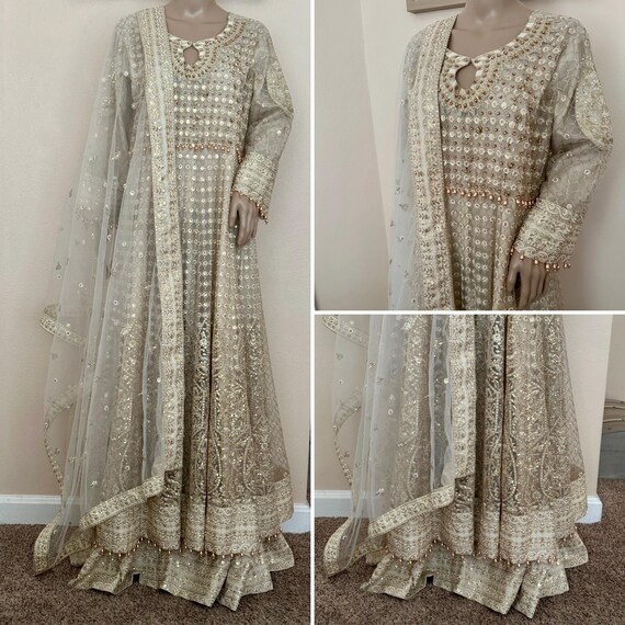 Pakistani off White Long Double Maxi Style Embroidered Sequins Net Dress xl Etsy