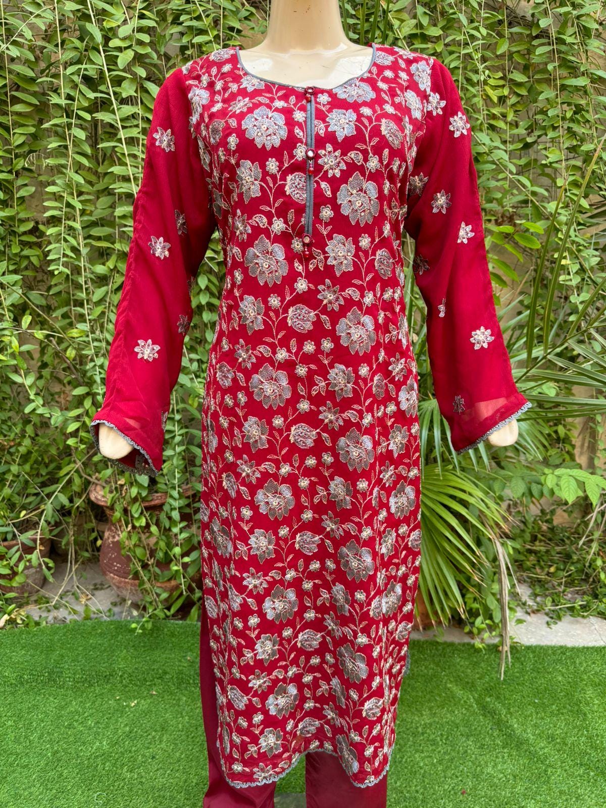 open lace back dress LS400 Maroon Pakistani Chiffon with with Hand Embroidery Beads Gems Pearls Maroon / M