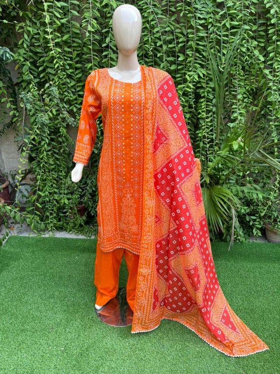 chunri print dress design Pakistani Chunri Print Orange Straight Shirt 3-PCS Lawn Dress ,XL