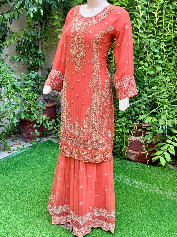 Pakistani Orange Straight Style Embroidered Sequins Chiffon Gharara Dress,s  - Etsy
