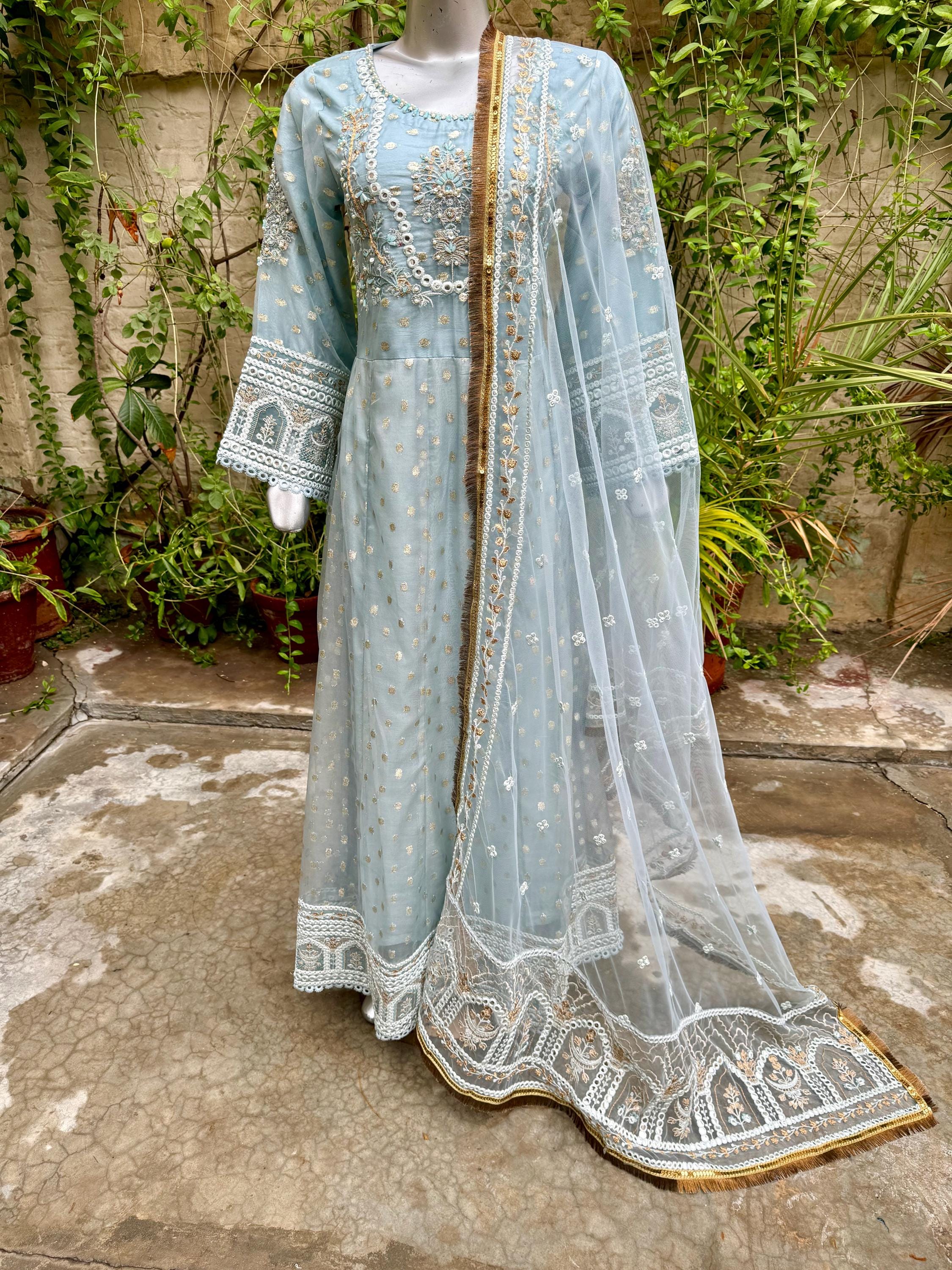 blue and white dress pakistani Stitched Printed White & Blue Dress main image 0