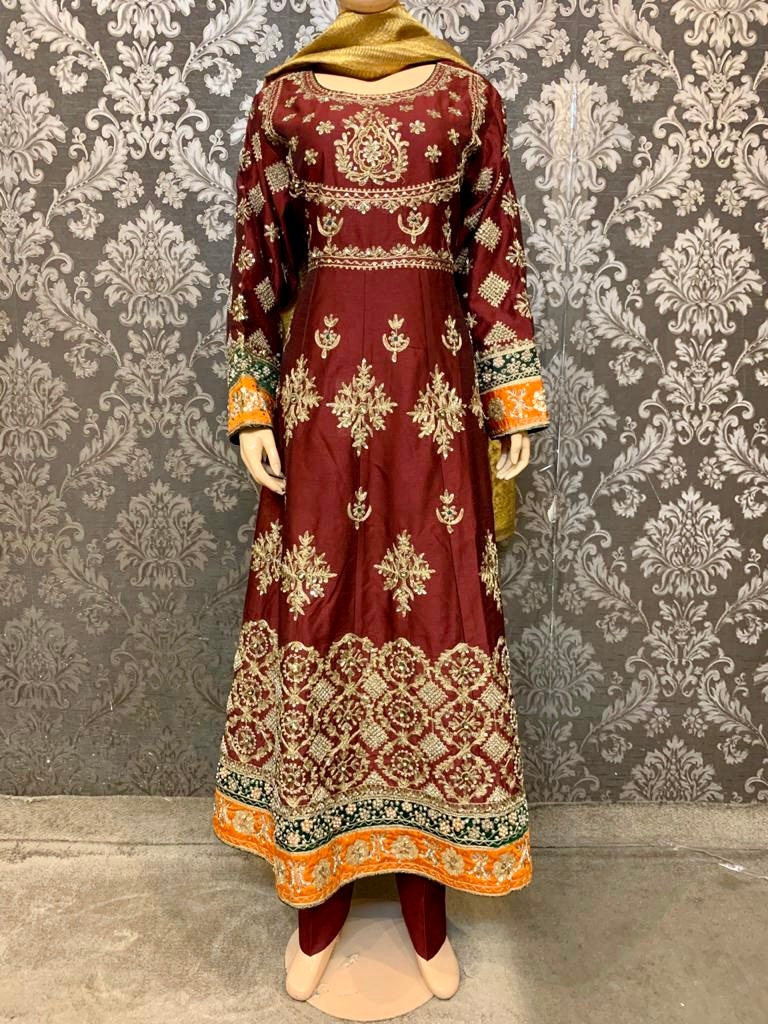 chinese dress ladies Designer Gown Georgette Burgundy Plain Gown  Kajols