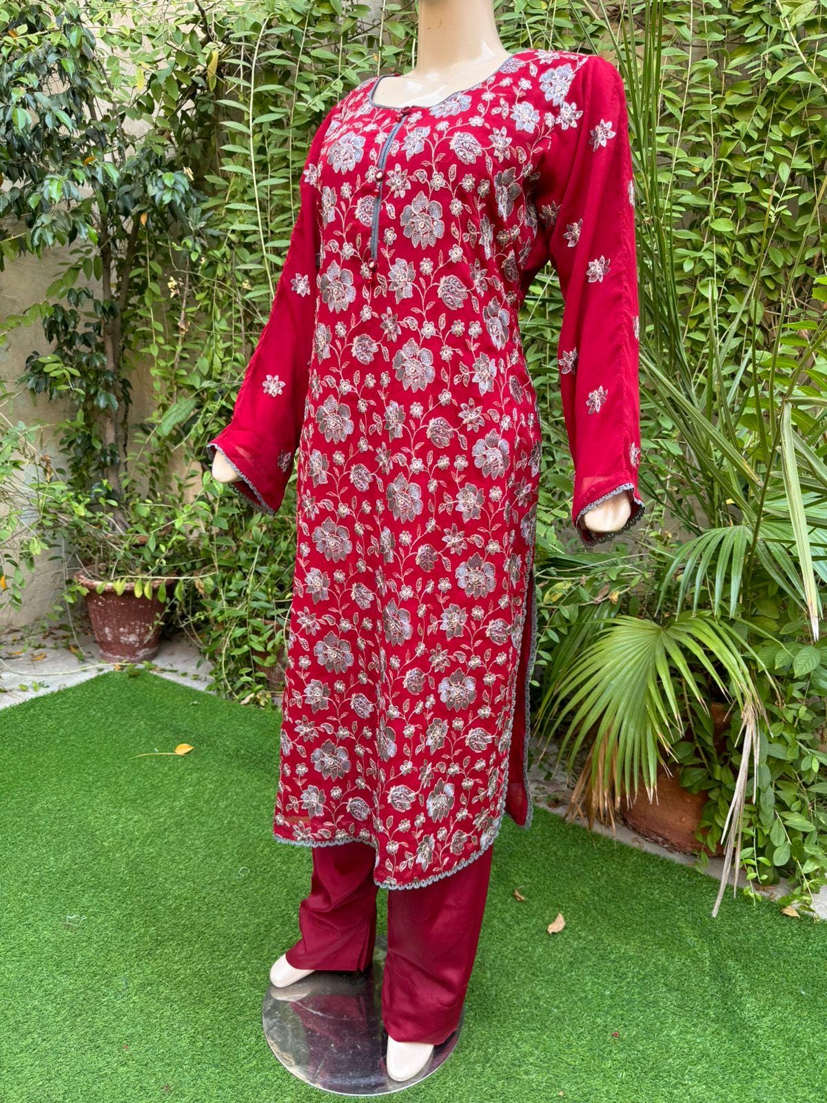 Pakistani Deep Red 3pcs Chiffon Dress With Thread Embroidery ,L - Etsy