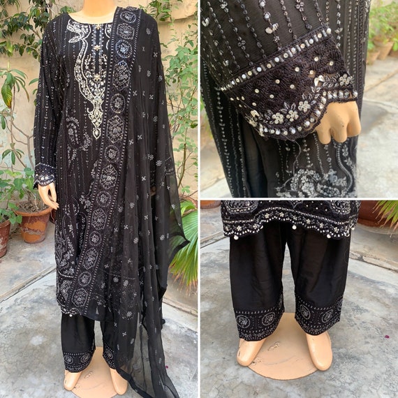 Pakistani Black Straight Style Embroidered Sequins Chiffon Dress,Large