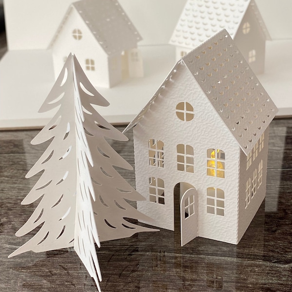 SVG 3D paper house "Stadthaus", pretty LED tealight house in white, suitable for your Christmas village