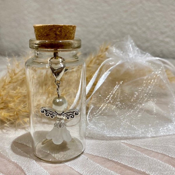 Perlen-Schutzengel mit hellem Kleid im Glas als Geschenk zur Taufe, Konfirmation, Kommunion oder Geburtstag, oder als Gastgeschenk