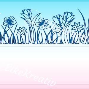 Op de afbeelding: Een blauwe silhouet van een rij bloemen en gras. De bloemen zijn tulpen en madeliefjes. Het gras is lang en pluizig.