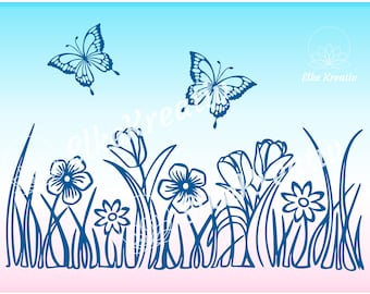 SVG、DXF、PNG としてのプロッター ファイル蝶の花の草原