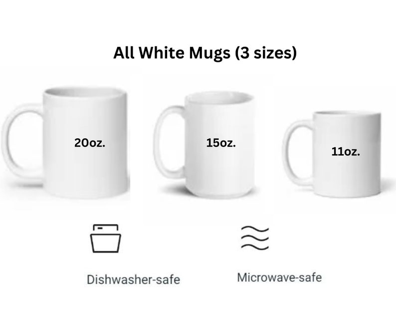 May include: Three white ceramic mugs in different sizes: 11 ounce, 15 ounce, and 20 ounce. The mugs are dishwasher and microwave safe.