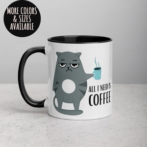 Alles wat ik nodig heb is koffie grappige kat mok, kattenliefhebber, humoristisch, cadeaus voor haar, zwarte kat, koffiemok, koffieliefhebber 368
