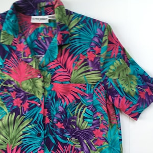 Vintage Women&#39;s Tropical 80s 90s Button Up Funky Purple Blue Blouse Button Down Leaves Colorful Abstact Fun Bright Loud All Over Print 1980s