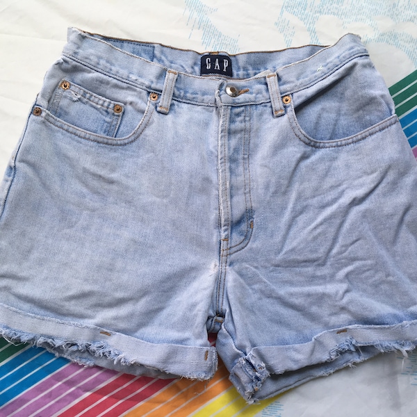 Vintage Gap 28" Distressed Women's Light Wash Cuff Jean Shorts Thrashed Ripped High Waisted Destroyed Button Fly 80s 90s 1980s USA