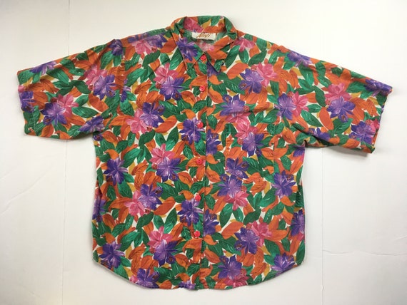 Vintage 70s Women's Floral Button Up Funky 80s Or… - image 2