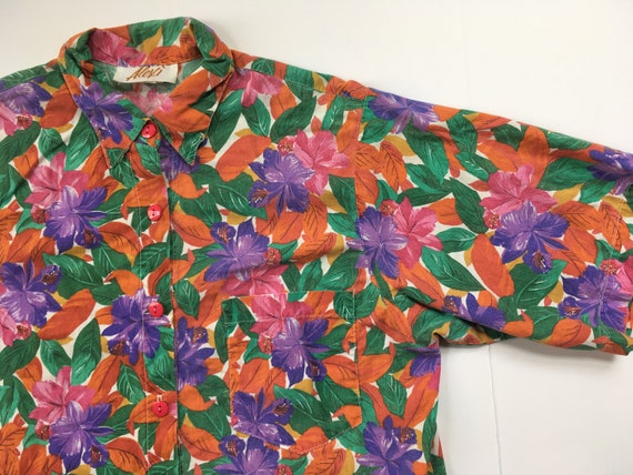 Vintage 70s Women's Floral Button Up Funky 80s Or… - image 1