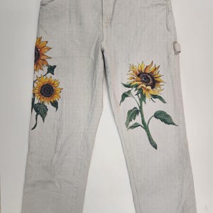 Hand-Painted Women’s Jeans with Sunflower Design – Unique Boho Denim