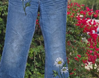 Y2K Hand-Painted Daisy Low Rise Flare Jeans