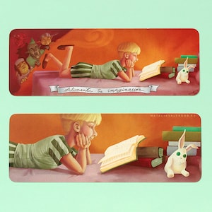 Illustrated bookmark ideal gift for book lovers fantasy art illustration Feed Your Imagination with rounded corners