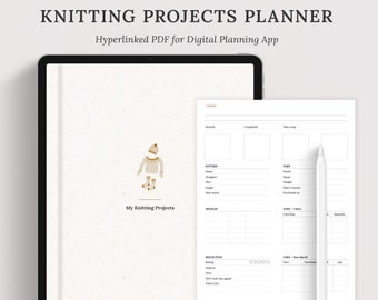 Könnte beinhalten: Ein digitaler Planer für Strickprojekte mit minimalistischem Design. Der Planer enthält Abschnitte für Musterdetails, Garninformationen, Nadelgröße und einen Reflexionsbereich, um den Fortschritt und Gedanken zum Projekt zu verfolgen.