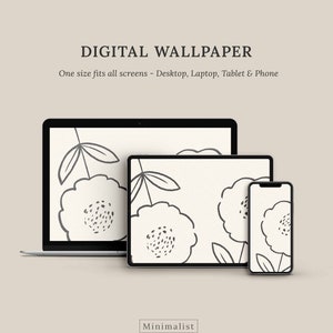 May include: A digital wallpaper design featuring a minimalist floral pattern in black and white. The design is shown on a laptop, tablet, and phone screen.