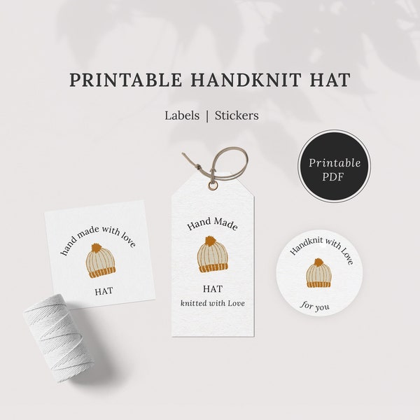 Printable Hand knit Hat Knitting Tags Stickers Labels | Knitting Labels | Knitted with love Tag | PDF only | Printable | A4 & Letter